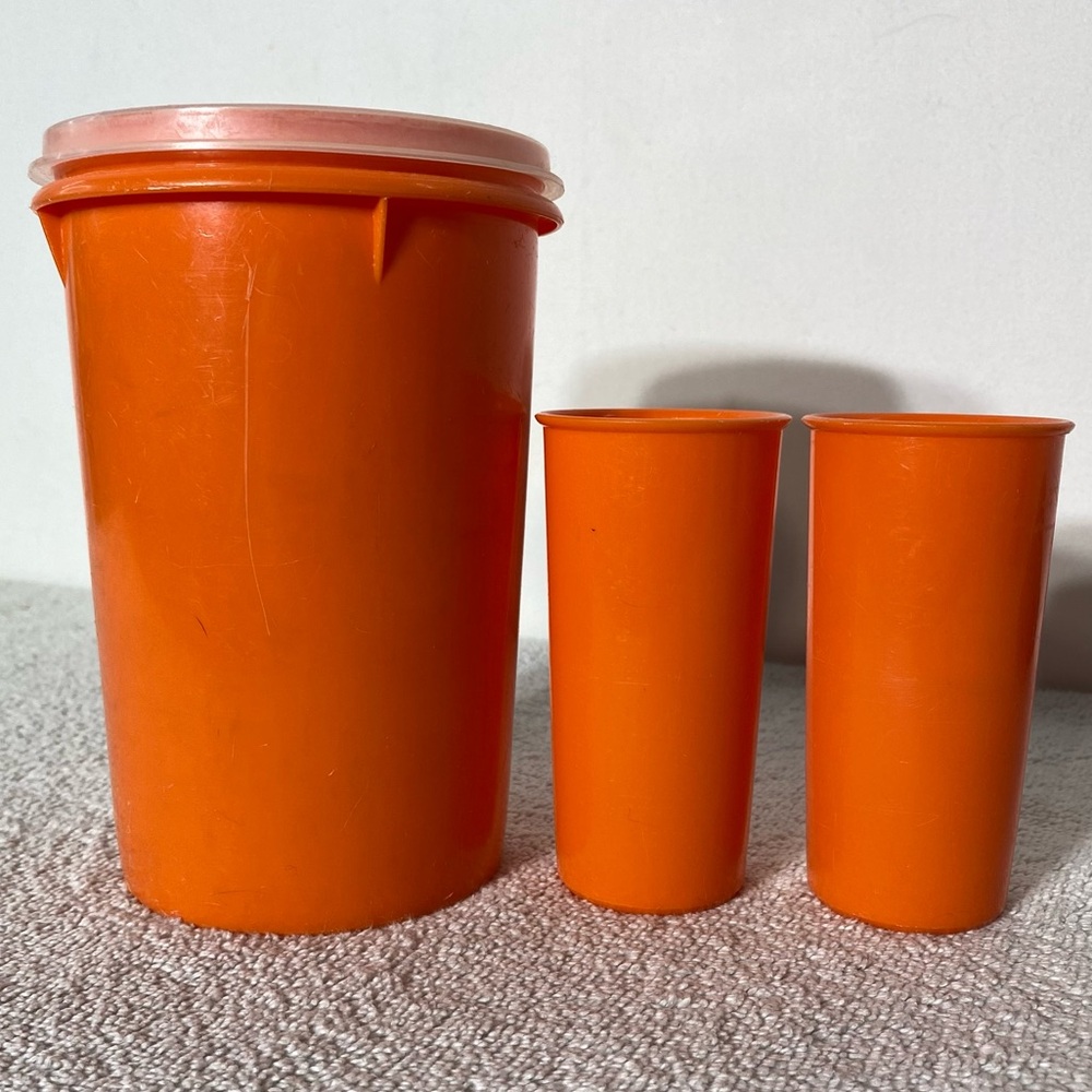 Vintage Tupperware Orange Handolier Plastic Storage Canister W Lid & 2 Cups Set - Picture 8 of 11